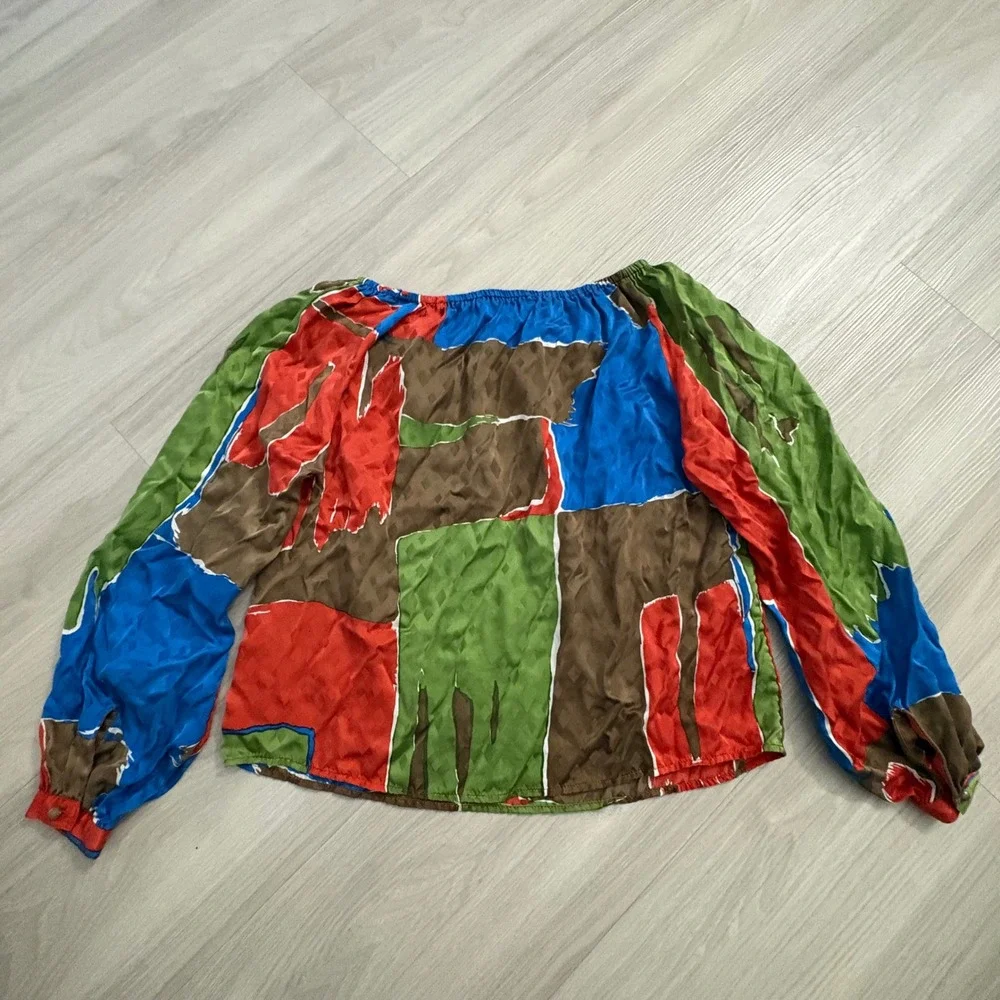 Tory Burch Blouse Women Abstract Geometric Silk Blue Red Green Long Sleeve Top 2